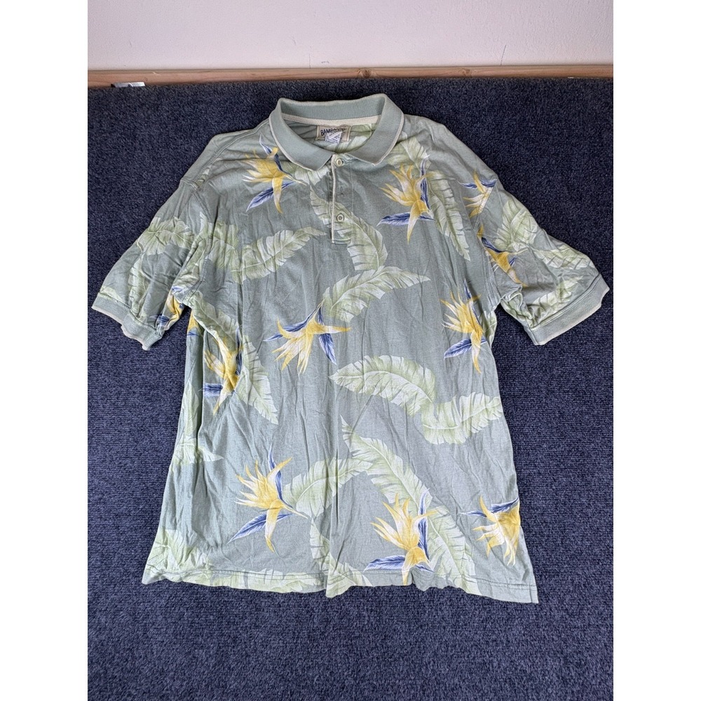 Bamboo Cay Hawaiian Polo Shirt Mens 2XL Green‎ Bird of Paradise Floral Cotton